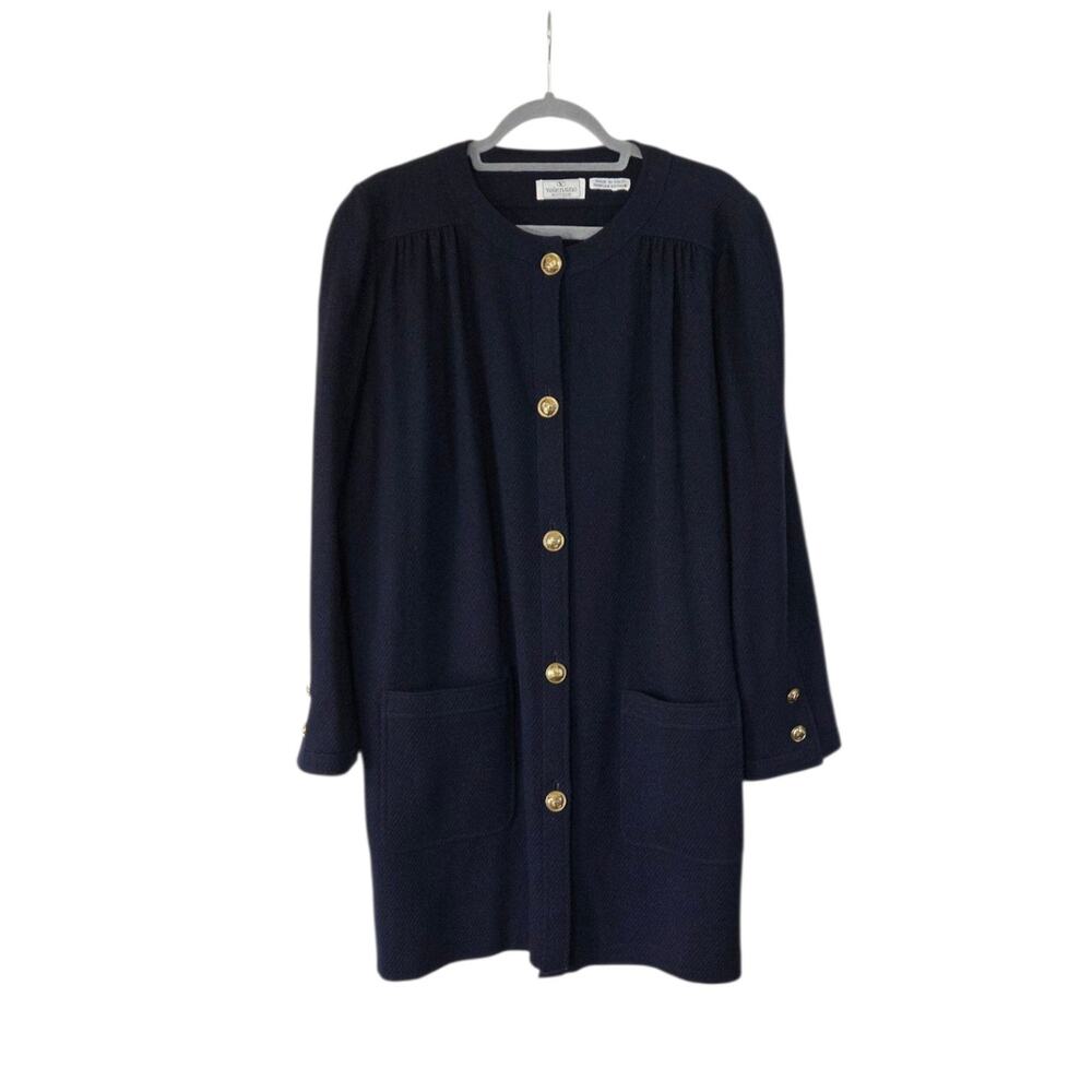 Valentino Boutique Vintage Navy Knit Car Coat Gold VG Logo Buttons Italy, Large